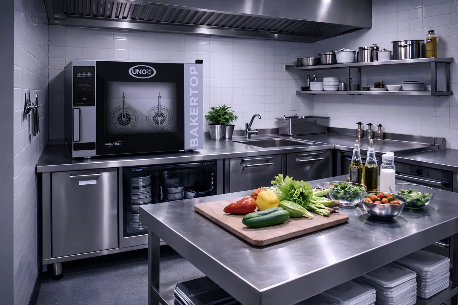 Commercial kitchen with Unox Bakertop oven — serviced by Prego Technical Services